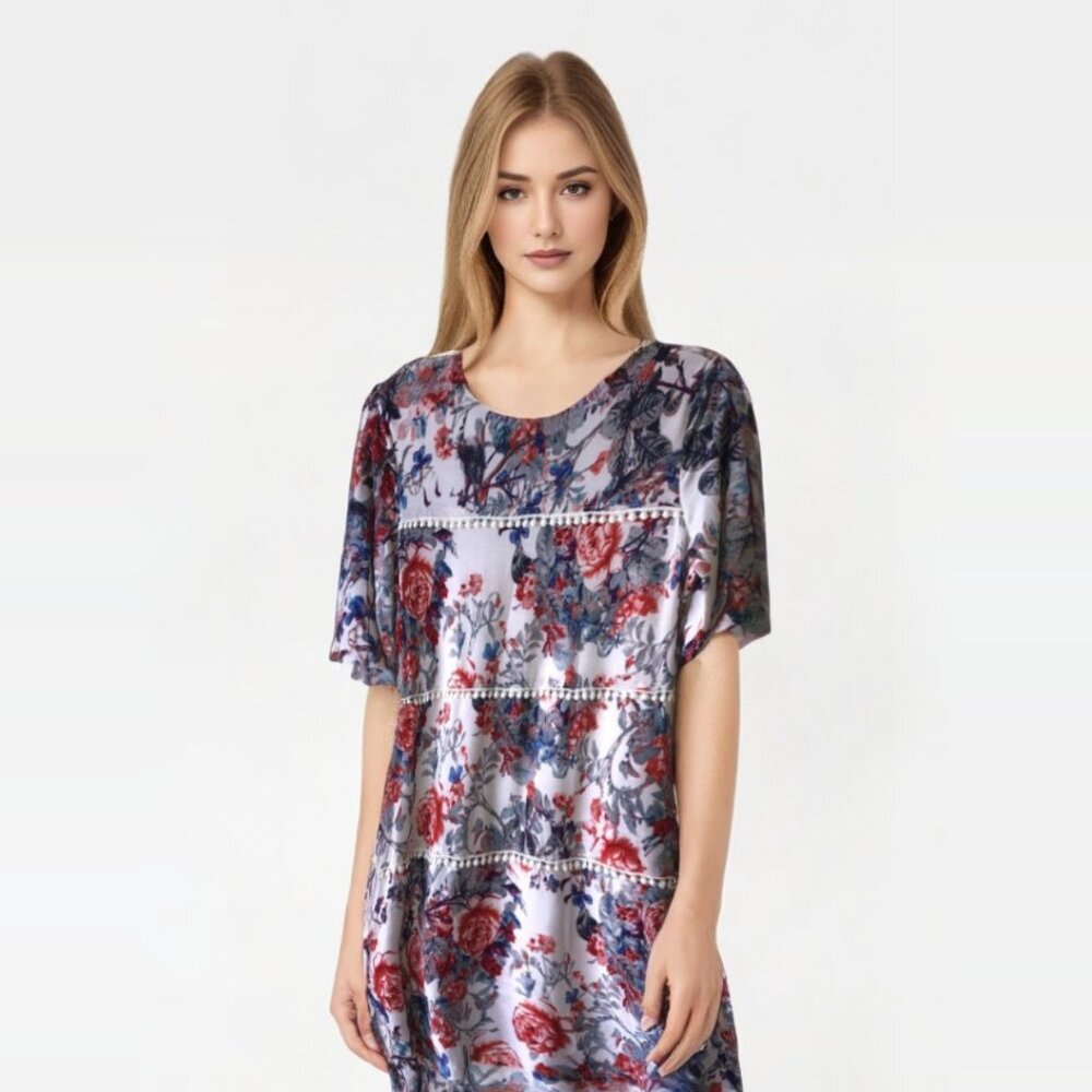 Egy California Floral Lace Detail Short Sleeve Shift Midi Dress Medium - Picture 10 of 10
